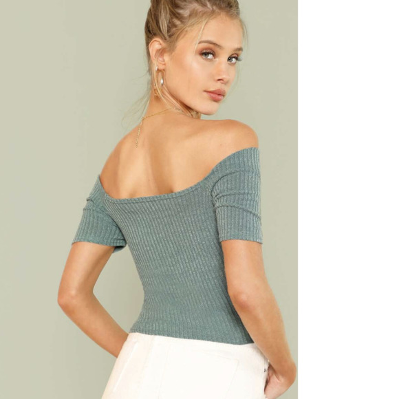 SHEIN Ribbed Off-the-Shoulder Crisscross Top - Picture 2 of 7
